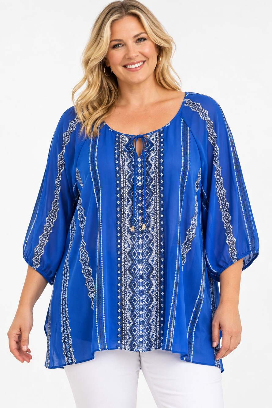 Catherines Beaded Tie Peasant Top Womens Sz 3X Blue Black White Boho Semi Sheer